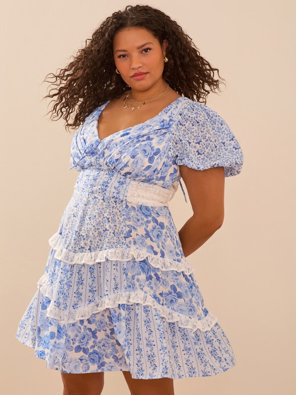 ARULA Aderny Blue & White Patchwork Puff Sleeve Dress